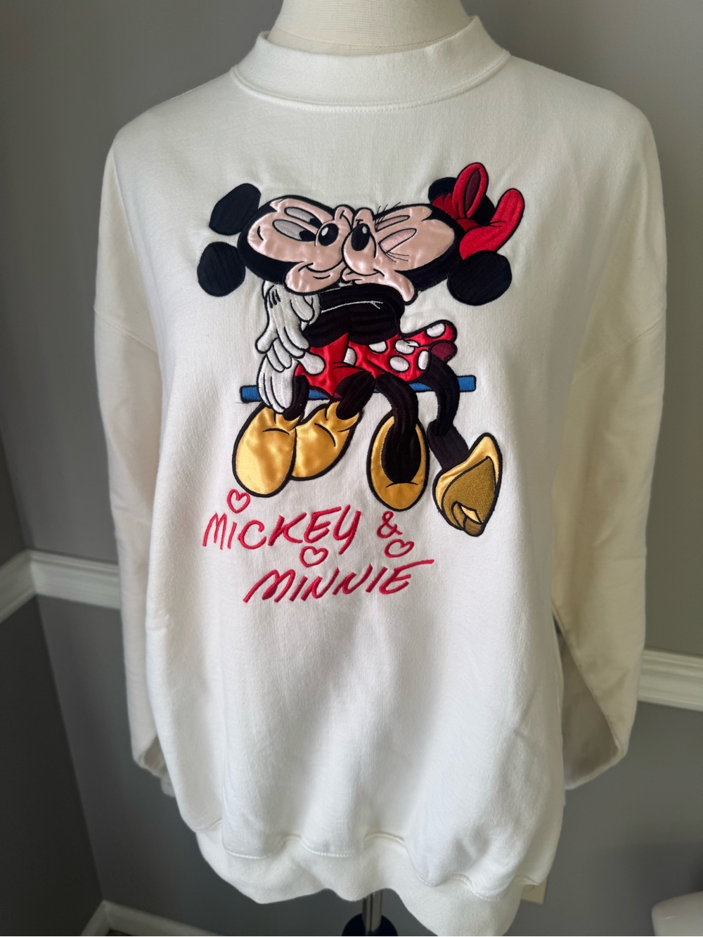 White Mickey & Minnie Embroidered Crew Sweatshirt